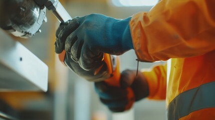 A construction site worker testing power tools on-site. Featuring safety and efficiency