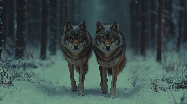 Twin Wolves in a Snowy Forest