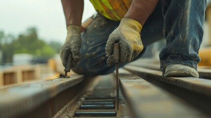 A construction site worker tightening bolts on a steel frame. Featuring strength and precision