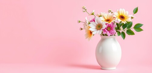 Elegant ceramic vase with fresh flowers, pastel pink backdrop, illustration, vase