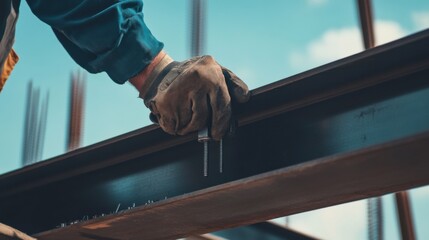 A construction site worker tightening bolts on a steel structure. Featuring precision and strength