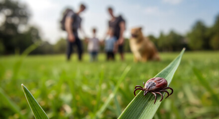 Tick sitting on grass blade against the walking family and dog in the blurred background  