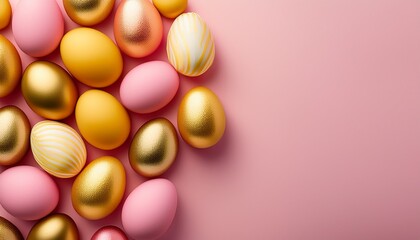 Golden Easter Eggs: A cluster of beautifully decorated golden and pink Easter eggs arranged in a soft, warm setting, evoking a sense of spring celebration and joy.