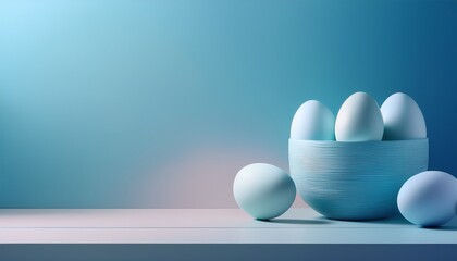 Fototapeta premium Minimalist Easter Eggs Display: A serene composition features a cluster of pastel eggs elegantly arranged in a minimalist bowl, bathed in soft, ethereal light against a gradient backdrop.