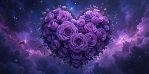  Cosmic Purple Roses Surreal Heart Shaped Bouquet, Galaxy Nebula, Magical Floral Art