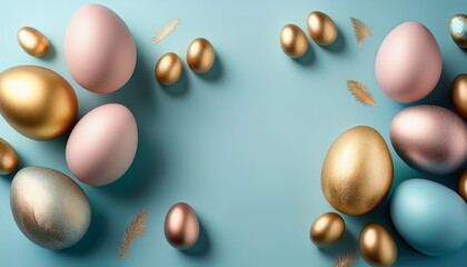 Festive Easter Egg Arrangement: A charming arrangement of shimmering pastel Easter eggs, reflecting the joy and renewal of spring, resting on a vibrant light blue backdrop.