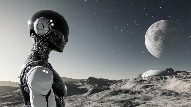 A futuristic robot stands on a desolate lunar landscape, gazing at a distant moon.
