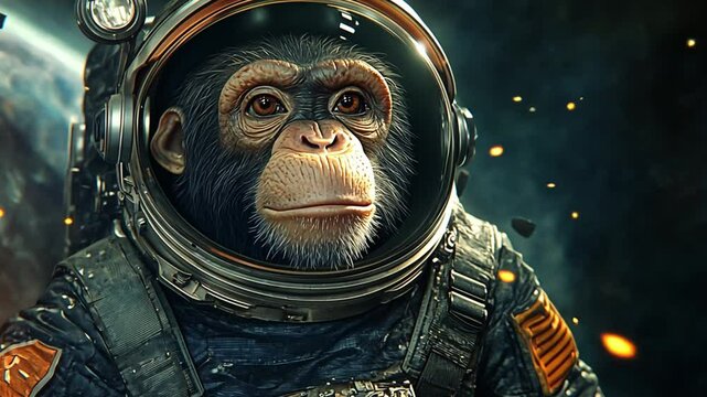 Astronaut chimpanzee gazes into the cosmos, surrounded by stars and distant planets