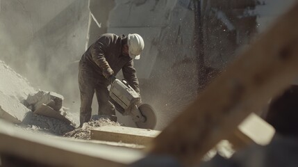A construction site worker using a circular saw to cut through wood. Featuring precision and focus