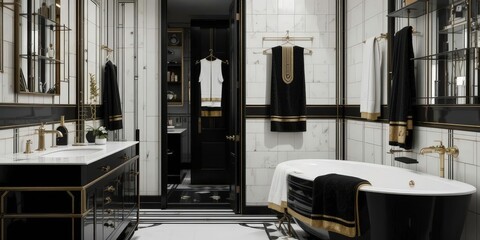  Elegant Black and White Tiling Sets the Stage for Luxurious Gold Trimmed Towels, Creating a Sophisticated Art Deco Vibe with