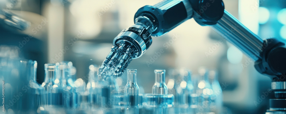 Poster a robot is working on a line of bottles. the robot is in a factory setting and is surrounded by many