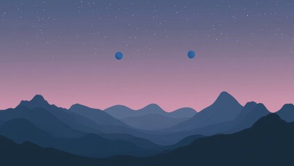 Two celestial bodies hover above a mountain range under a twilight sky