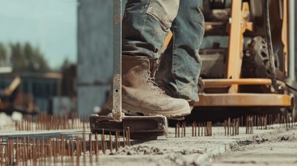 A construction site worker using a jack to lift heavy materials. Featuring strength and equipment handling
