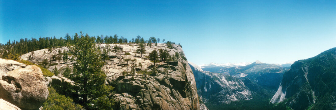 Panoramic landscape of Yosemite point in Yosemite National Park, Mariposa County, California, USA.