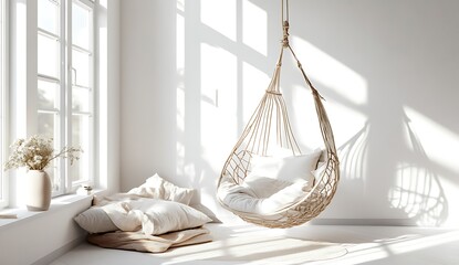 Cozy and Minimalist Indoor Space with Hanging Chair and Soft Textiles in Natural Light