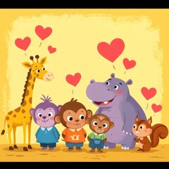 Naklejka premium Cute animals with hearts, and friendship.