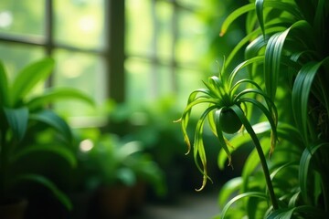 Graceful spider plant cascading, lush green leaves in soft light, lush, nature photography