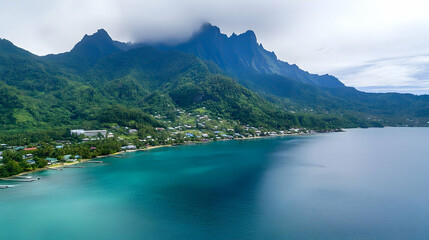 Obraz premium Aerial View Of Tropical Bay With Lush Green Mountains And Turquoise Water
