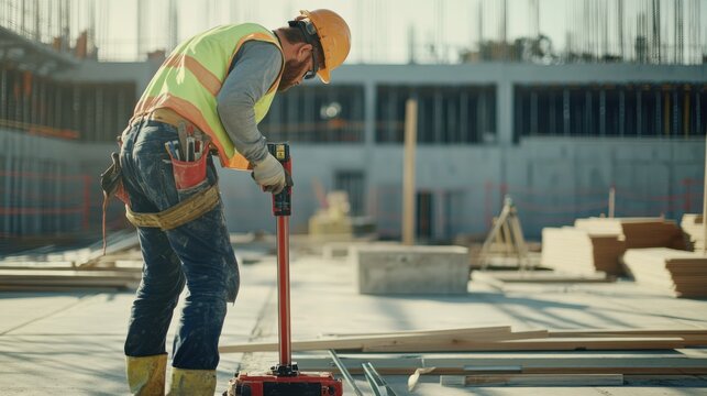 A construction site worker using a laser level to ensure straight alignment. Featuring precision and accuracy