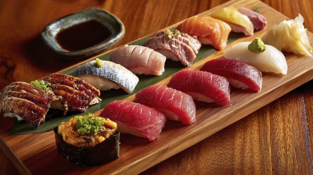 Assortment of meticulously prepared sashimi, showcasing the fish's natural beauty and texture - selection fresh raw