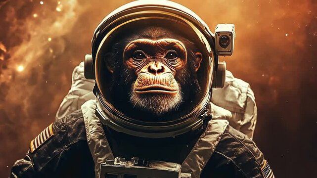 Astronaut chimpanzee in a space suit gazes at the cosmos with vibrant galaxies in the background