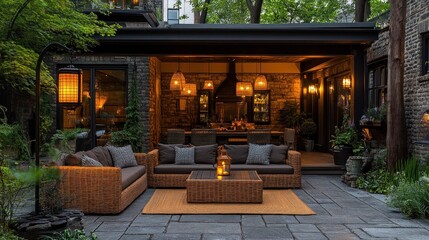Cozy patio at dusk with outdoor furniture, fireplace, and dining area