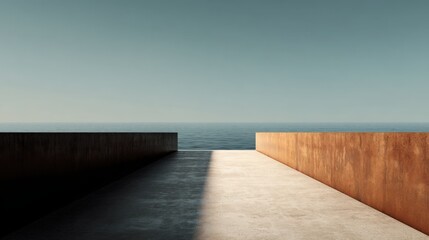 Concrete wall towering over sea with rising barrier wall between usa and china signifying trade and logistics issues