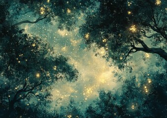 Obraz premium Enchanted Canopy: A Whimsical Night Forest Bathed in Firefly Glow and Starlight