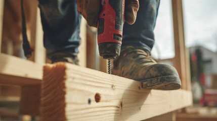 A construction site worker using a power drill to attach screws to wooden beams. Featuring drilling and structural assembly