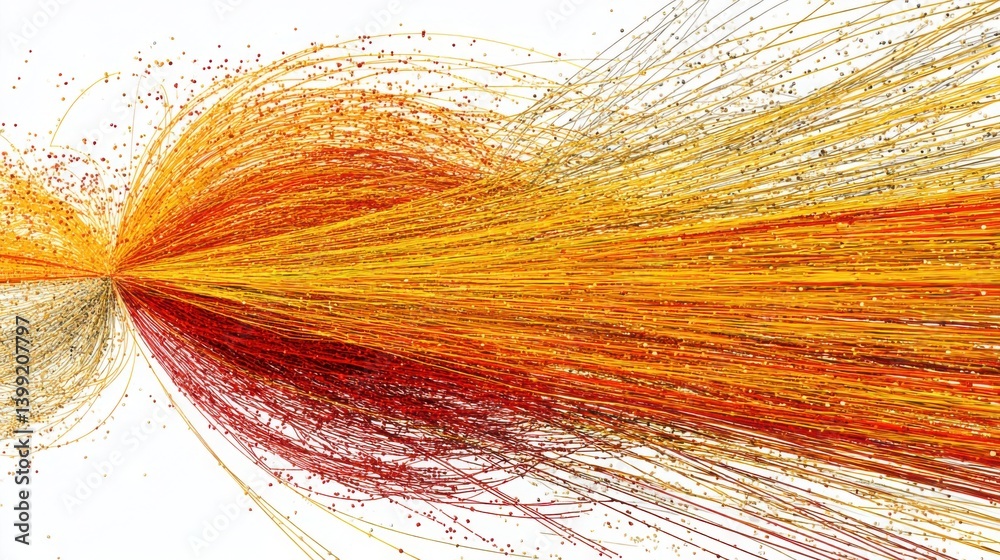 Poster a yellow and red string signifying the convergence of usa and china data streams in an energetic bur