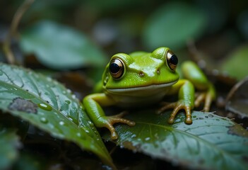Obraz premium Green Frog Sitting on Wet Leaves in Nature