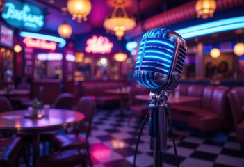  Vintage Chrome Mic Stand on Checkerboard Floor, Late Night Vibes
