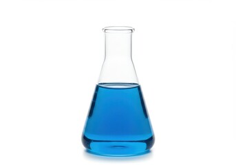 Clear erlenmeyer flask filled with bright blue liquid on a plain white background in a studio shot