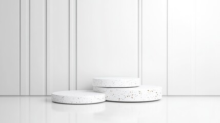 Minimalist white podiums, featuring three stacked, circular platforms, with subtle gold speckles.  A clean, modern aesthetic against a white wall with vertical paneling