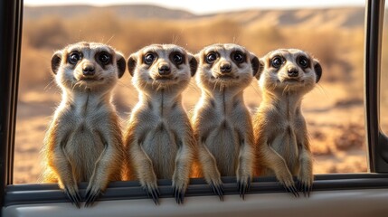 Fototapeta premium Four Meerkats Peeking from a Safari Vehicle Window