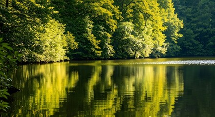 Autumn reflection on calm lake with trees and blue sky