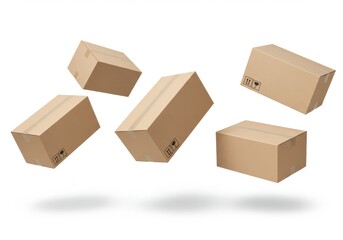 Fototapeta premium Floating cardboard boxes on a white background with shadows suggesting movement and delivery service