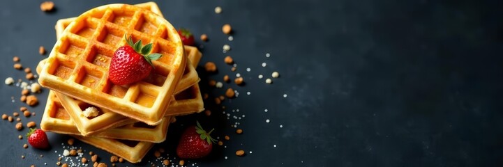 Top view of stack of thin crispy waffles on a dark background, presentation, baked, homemade