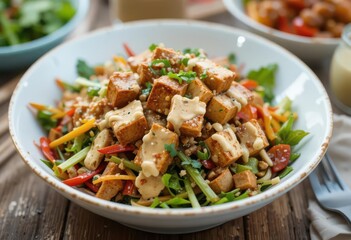  Colorful Vegetables, Crispy Tofu, and a Creamy Peanut Dressing in a Bowl.