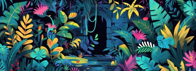 A vibrant jungle scene with lush plants and a mysterious entrance to a dark cave.