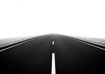 A straight asphalt road stretches into the distance disappearing into a white hazy background