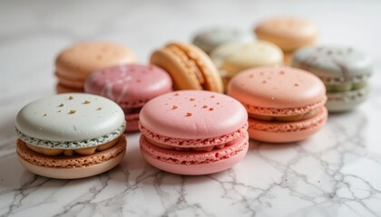 Assorted Pastel Macarons On White Marble Surface