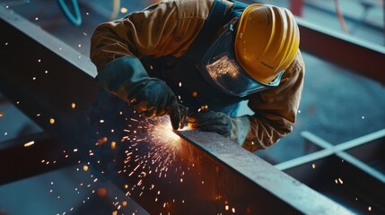 A construction site worker using a welding torch on a steel beam. Featuring industrial work and sparks