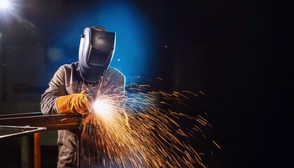A dedicated welder intensely works on metal, creating vibrant sparks against a dark background while wearing protective gear, illuminated by dim lighting that accentuates the bright aura