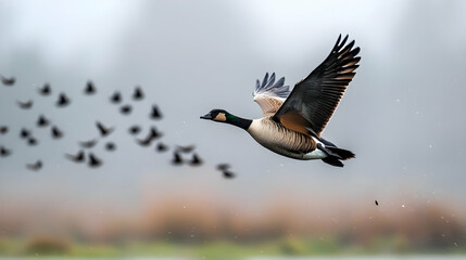 Obraz premium Flying Goose Amidst Flock On Misty Day