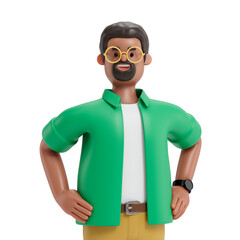 Confident man with hands on hips, symbolizing professionalism and self-assurance. 3D rendering, conceptual image. Isolated on white background.