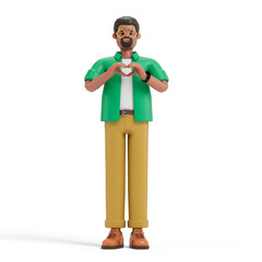 Man forming heart shape with hands, symbolizing love or appreciation. 3D rendering, conceptual image. Isolated on white background.