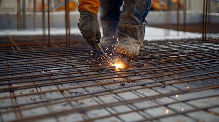 A construction site worker welding a metal joint for a frame. Featuring skill and precision