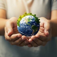 Hands holding green Earth globe.