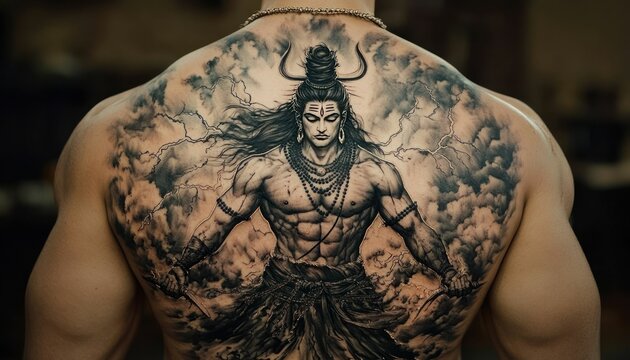 A stunning back tattoo featuring a godlike figure amidst swirling clouds and lightning